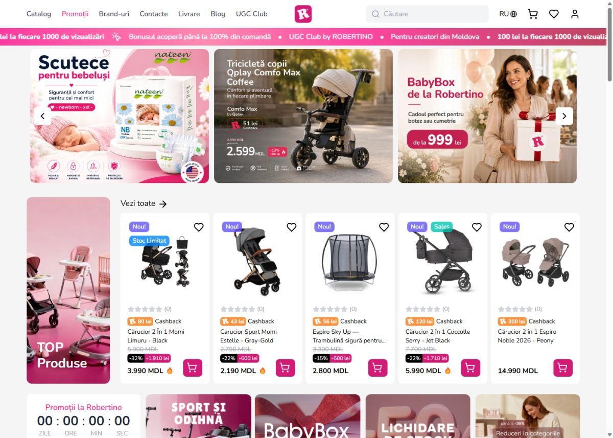 Captură de ecran de pe site-ul live ROBERTINO (robertino.md/ro) — proiect realizat de elvo