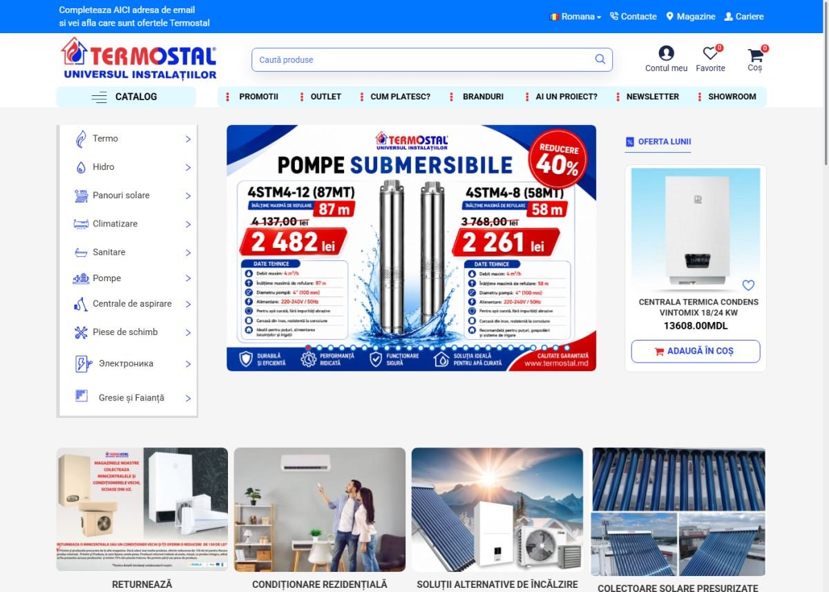 Captură de ecran de pe site-ul live TERMOSTAL (termostal.md) — proiect realizat de elvo