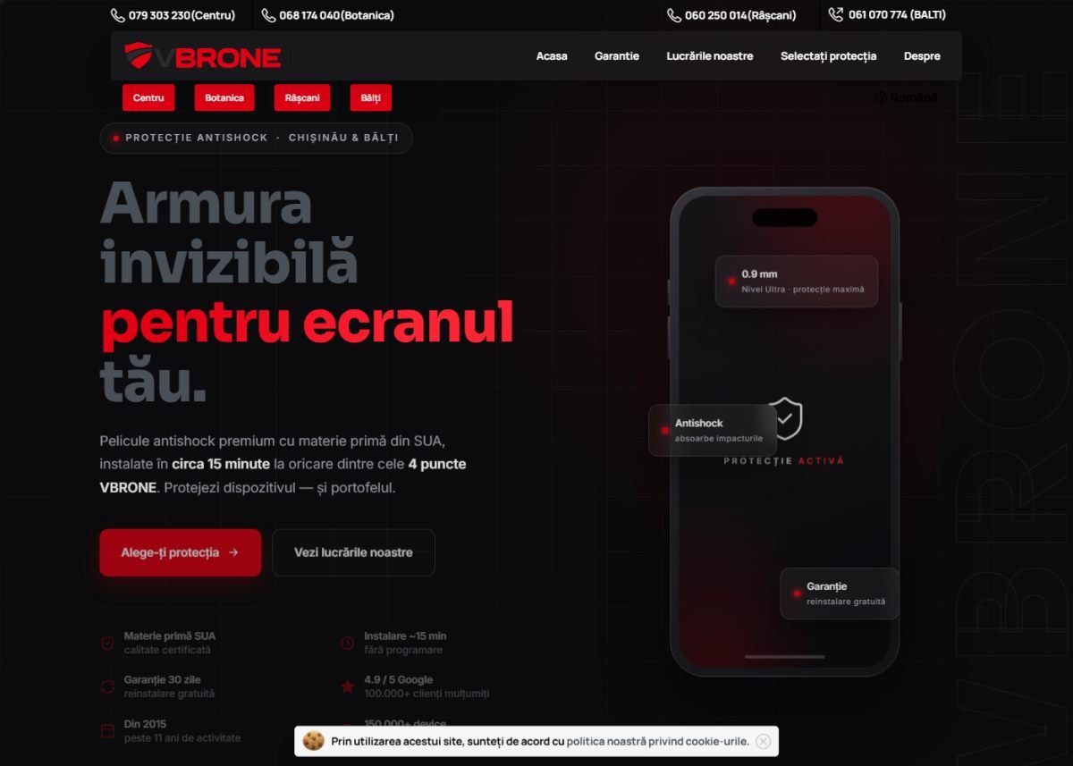Captură de ecran de pe site-ul live VBRONE (vbrone.md) — proiect realizat de elvo